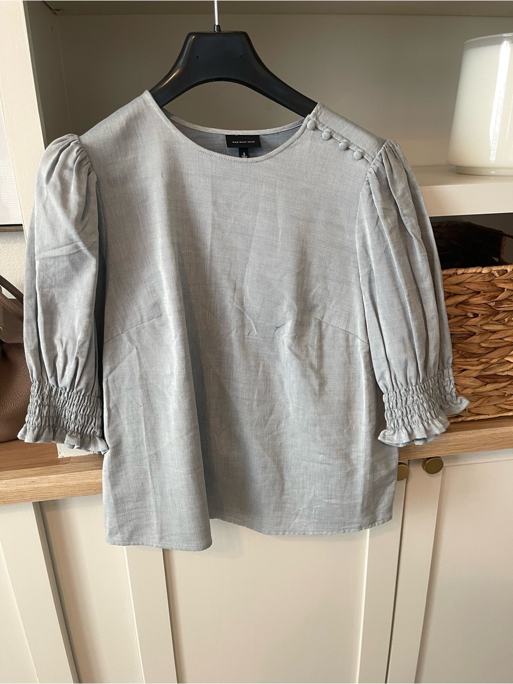 Who What Wear Light Gray Puff-Sleeve Linen-Blend Blouse